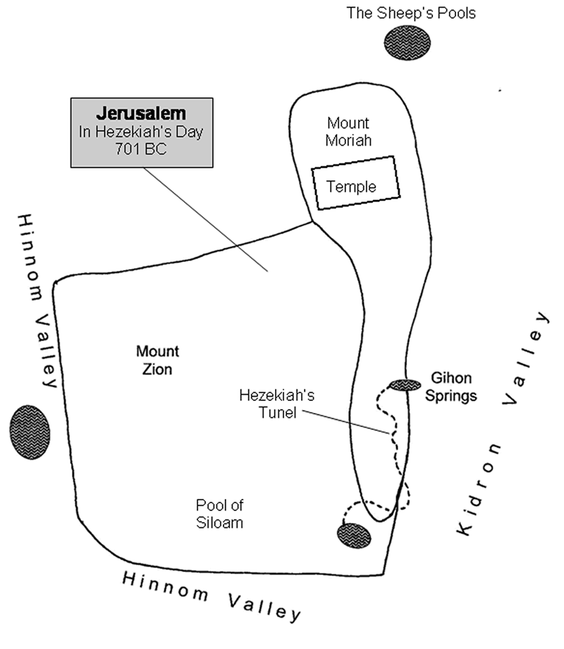 Jerusalem of Hezekiah, 701 BC, Broad Wall added to west, Hezekiah's Tunnel Dug