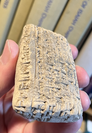 1700-1500 Ceramic Cuneiform Tablet Babylonian Administrative granting land to six men with listing of their professions, text also on edge, bottom, side of tablet