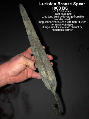 1000-700 BC Bronze Spear Point 17 inches long for mounted chariot or horseback warrior, side one