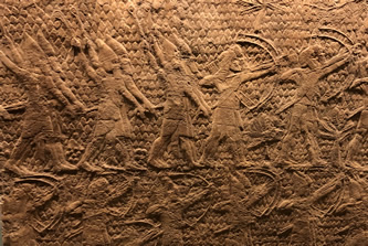 Lachish Siege - the approach of the Assyrians with archers and stone slingers