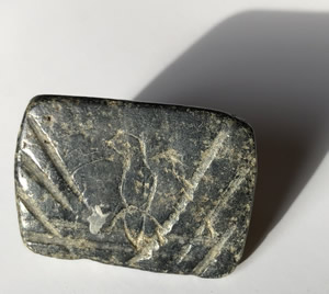 500 BC Seal Black Stone with Geometric Design on Front with Bird Perched in Center