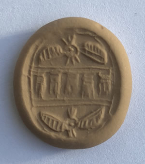 700 BC Seal in Black Hued Stone with 2 Two-Winged Sun Disc Inscribed Image Pressed into a Modern Impression