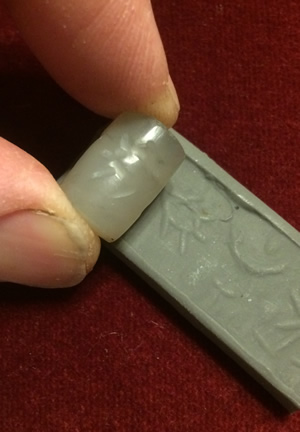 800-600 BC Cylinder Seal in Chalcedony Stone Rolling Inscription