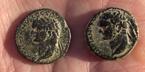 83 AD Domitian Judaea Capta minted in Caesarea obverse, two coins
