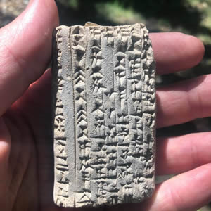 Ceramic Babylonian Cuneiform Tablet 1700-1500 BC with names of six men and their professions listed with the granted of land they received for service to the king