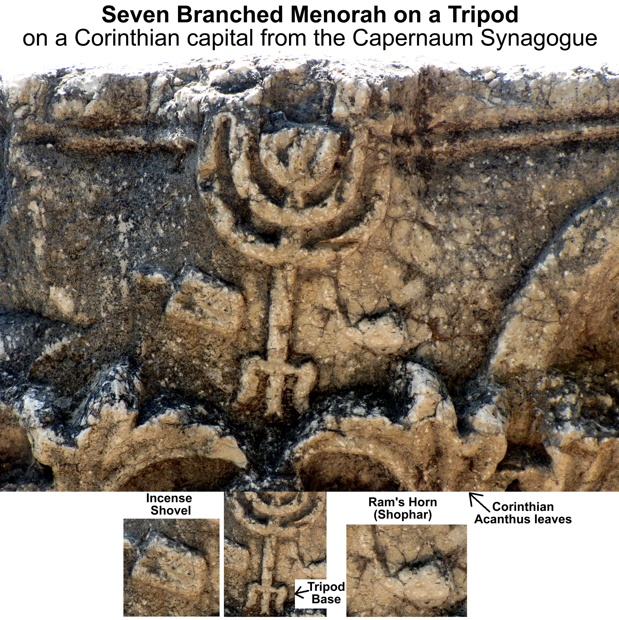 Seven Branched Menorah with tripod and incense shovel and ram's horn shophar