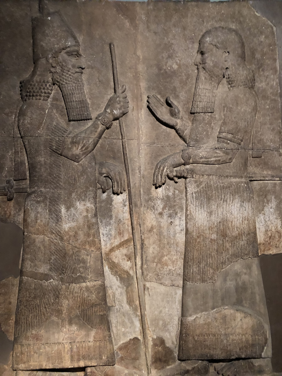Assyrian King Sargon and son Sennacherib crown prince from gypsum wall relief in palace in Dur Sharrukin modern Khorsabad Iraq 710-705C-