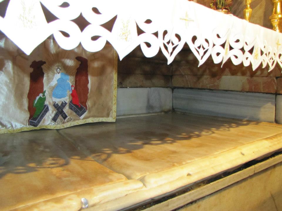 Jesus burial bench in Jerusalem, slab of marble from 1555 AD