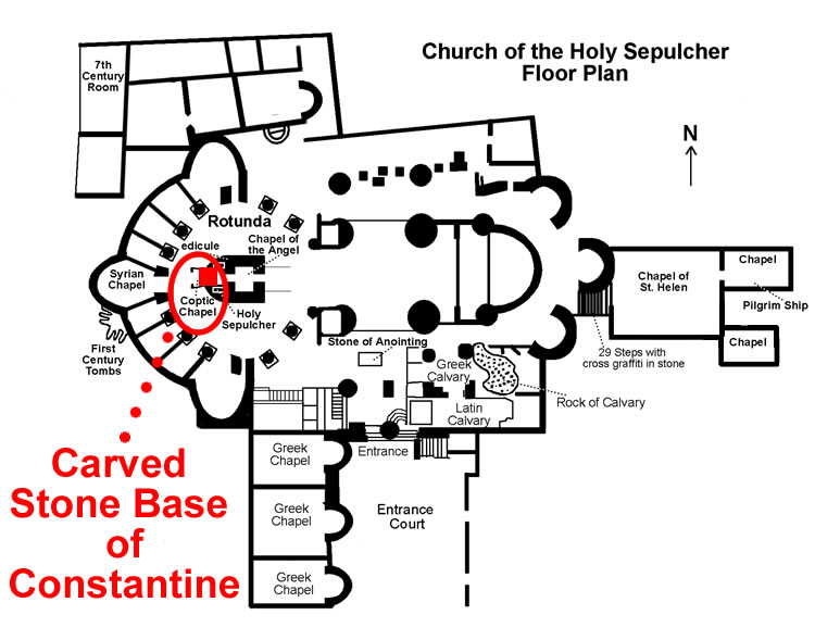 diagram showing the carved base stone of the 325 AD work of Constantine in the Holy Sepulcher