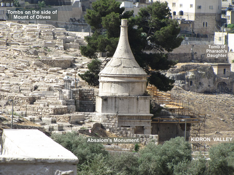 A view from above the Tomb of Absalom looking south with the Pharoah's Daughter's Tomb in the background in the Kidron Valley