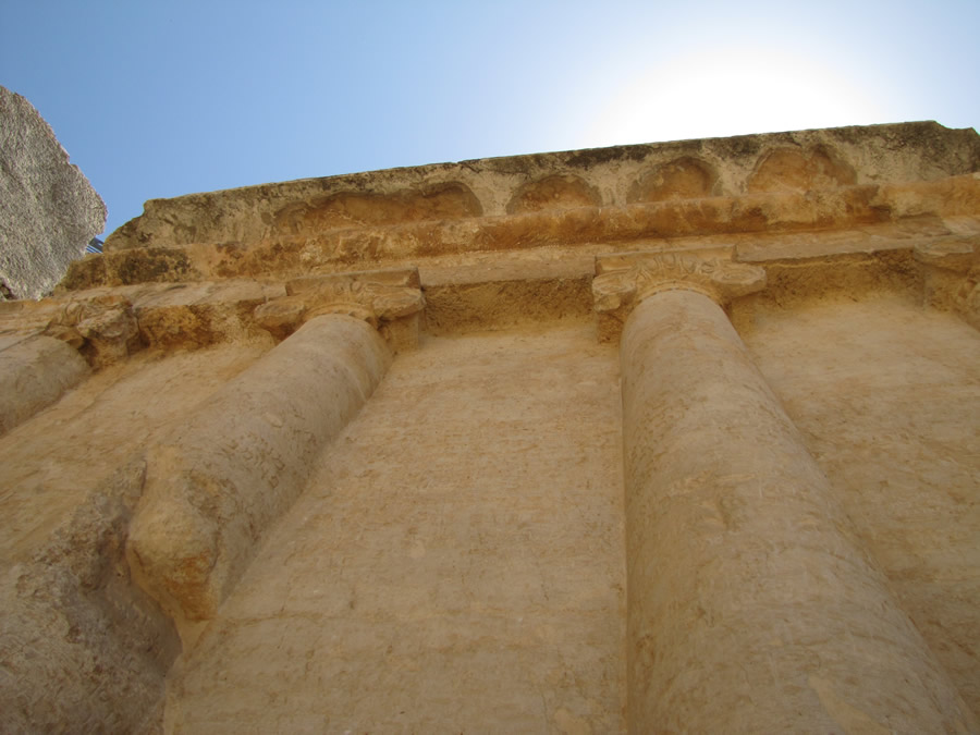 Carved stone pillars on front of Zechariah's Tomb in Kidron Valley