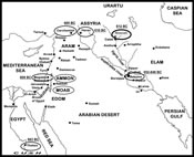 Map of locations in Zephaniah on Assyrian Empire Map 663-605 BC