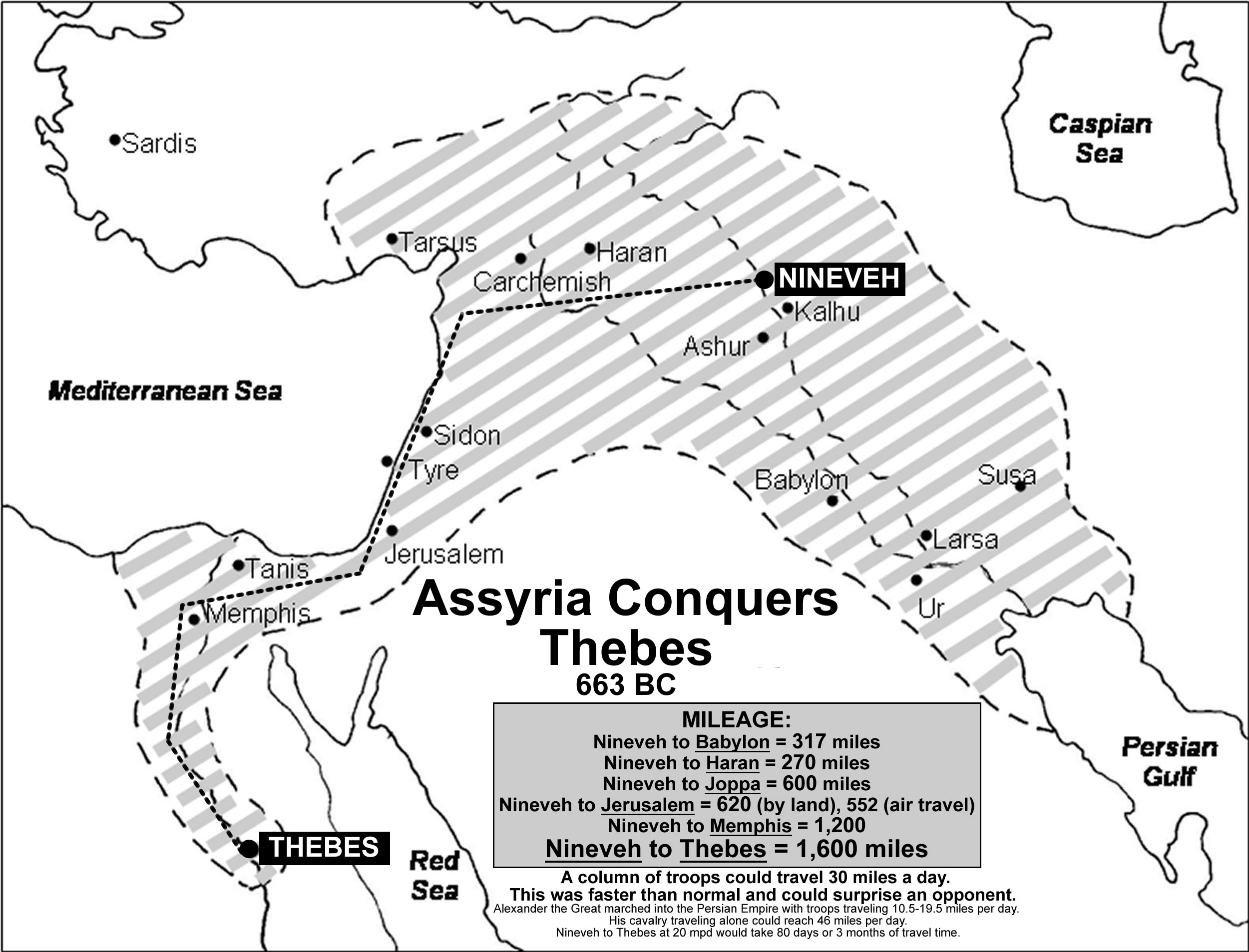 222H Mileage from Nineveh to Thebe in assyrian empire