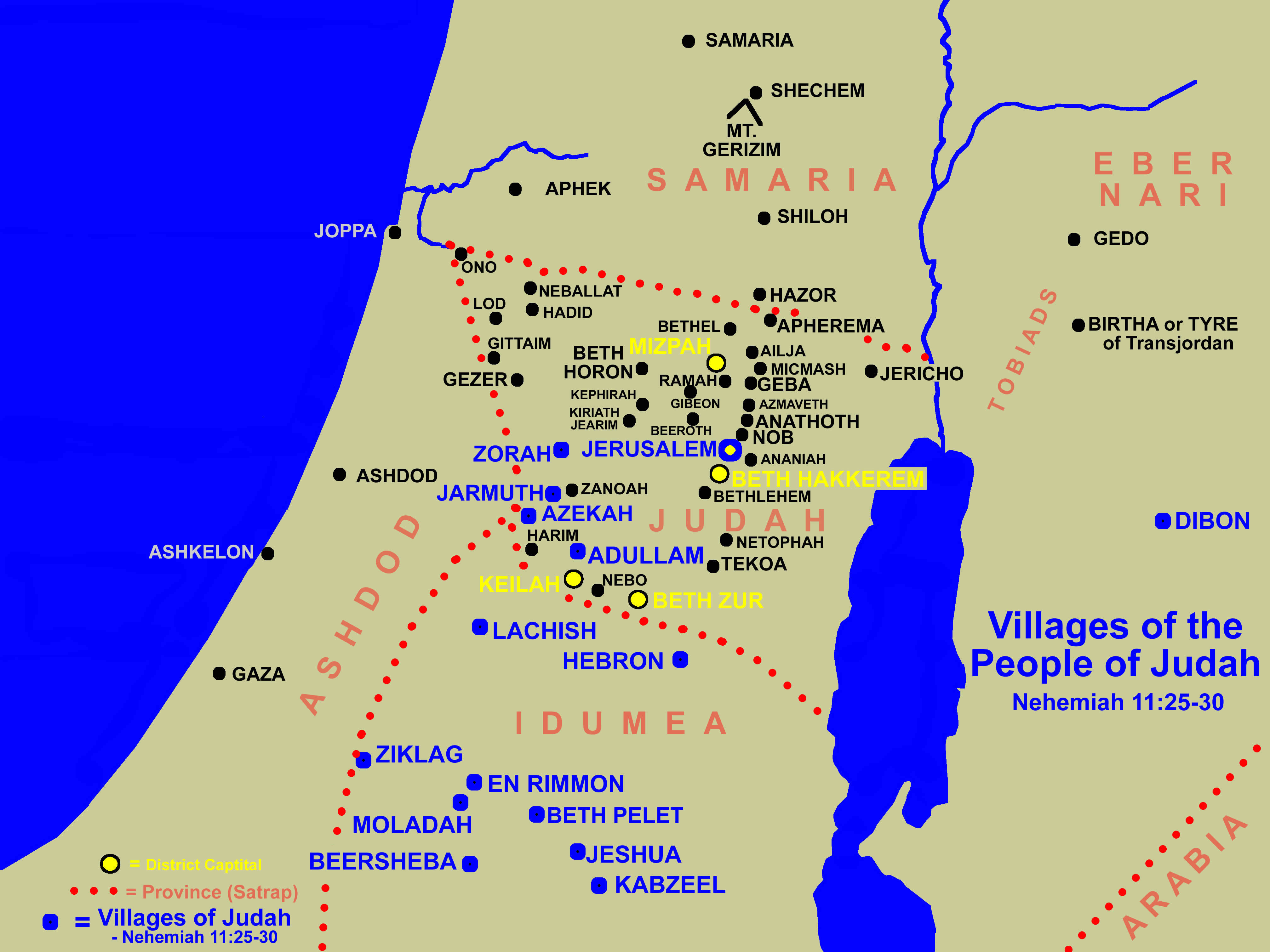 254O Nehemiah 11 25 30 Map Villages of the people of Judah