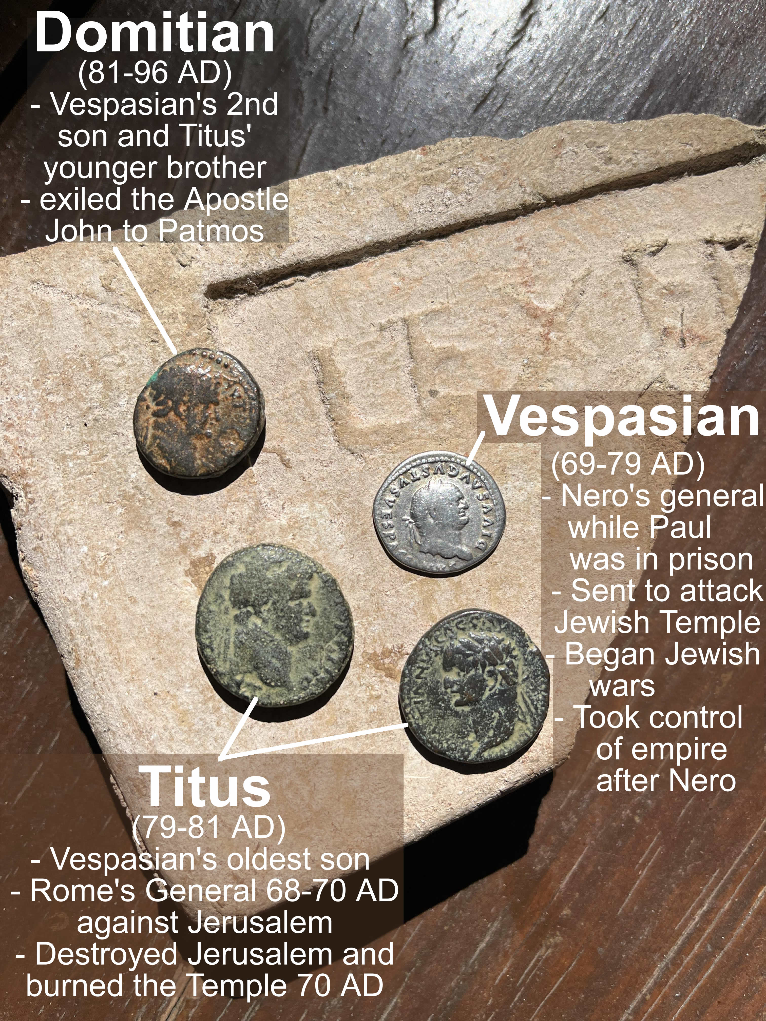Flavian Dynasty Judaea Capta coins obverse Vespasian Titus Domitian LABELD TEXT 22
