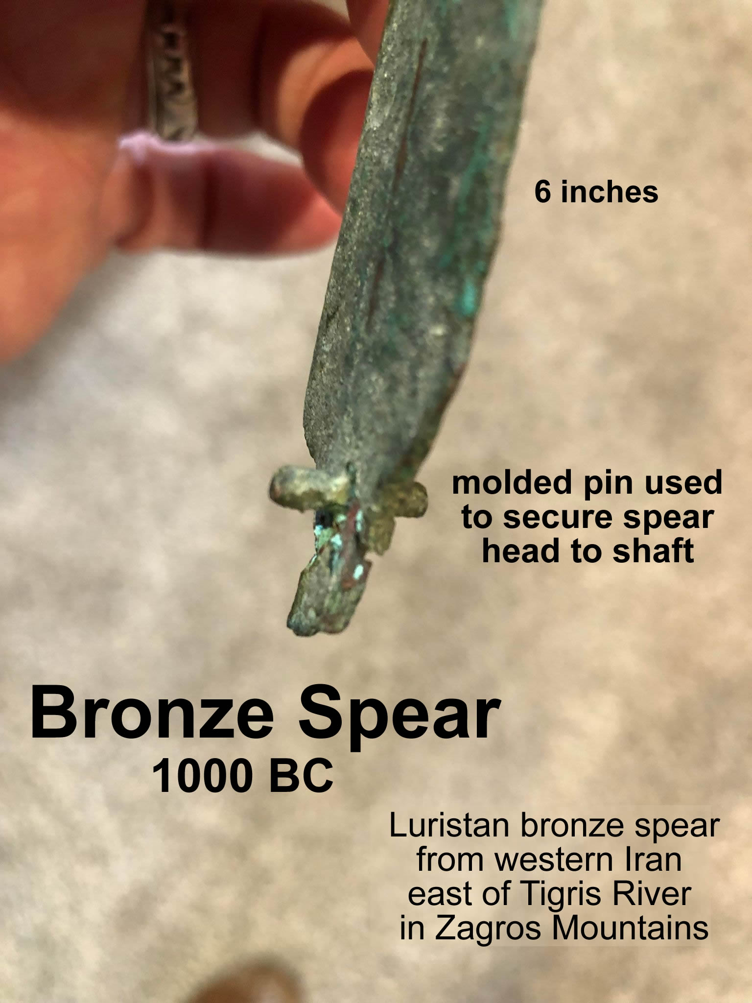1000 BC Bronze Spearhead 2 view of pins with text