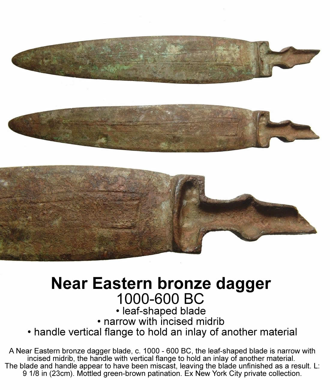 1000 600 BC leaf shaped blade narrow with incised midrib handle vertical flange to hold an inlay of another material A